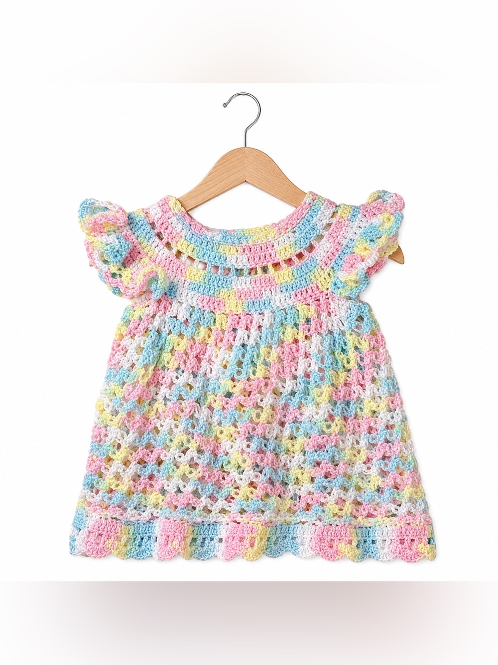 Crochet Baby Dress Pastel Rainbow Handmade VTG Style 12–18 Months Cottagecore